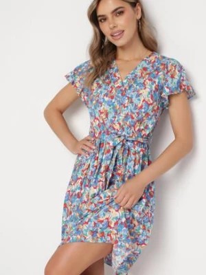 Zdjęcie produktu Niebiesko-Czerwona Sukienka Midi z Wiskozowej Tkaniny w Kwiaty Relas