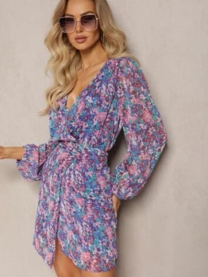 Zdjęcie produktu Niebiesko-Fioletowa Krótka Sukienka Kopertowa w Kwiatowy Wzór Ninora