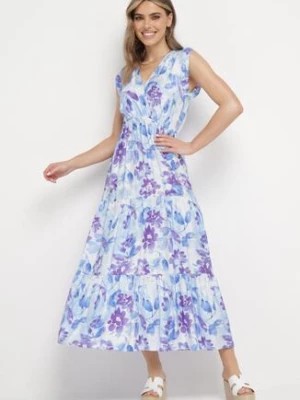 Zdjęcie produktu Niebiesko-Fioletowa Sukienka z Kopertowym Dekoltem z Gumką w Pasie i Wiązaniem z Tyłu Mellinda