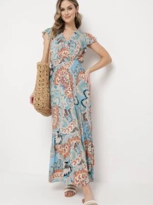 Zdjęcie produktu Niebiesko-Pomarańczowa Bawełniana Sukienka z Kopertowym Dekoltem i Wzorem w Stylu Etno Ferdilana