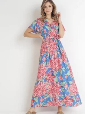Zdjęcie produktu Niebiesko-Różowa Kopertowa Sukienka Maxi z Gumką w Pasie w Kwiaty z Wiskozy Aryna