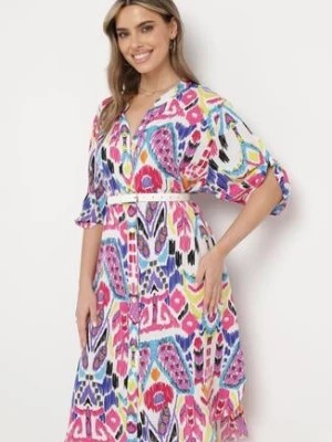 Zdjęcie produktu Niebiesko-Różowa Koszulowa Sukienka Boho z Guzikami i Podpinanymi Rękawami Orabell