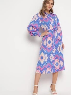 Zdjęcie produktu Niebiesko-Różowa Koszulowa Sukienka Midi z Etno Wzorem i Wiązanym Paskiem Mithera