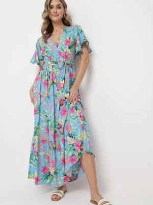 Zdjęcie produktu Niebiesko-Różowa Sukienka w Kolorowe Kwiaty z Kopertowym Dekoltem i Wiązanym Paskiem Thaliorra