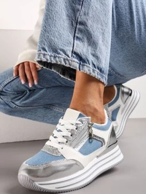 Zdjęcie produktu Niebiesko-Srebrne Sneakersy z Brokatowymi Wstawkami i Krótkim Suwakiem Naiwra