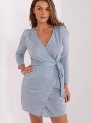 Zdjęcie produktu Niebiesko-szara kopertowa sukienka koktajlowa Lakerta