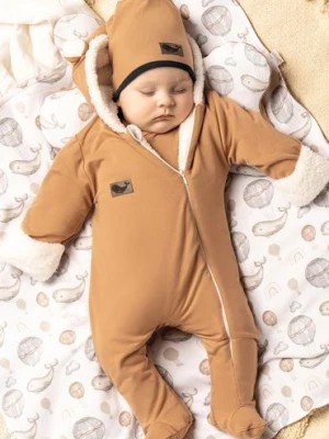 Zdjęcie produktu Ocieplany beżowy pajac dresowy niemowlęcy z luną- kaptur z uszkami Nicol