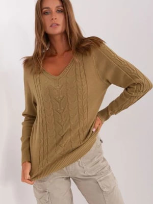 Zdjęcie produktu Oliwkowy sweter damski z warkoczami i ściągaczami