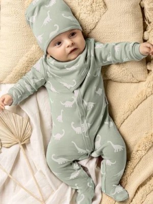 Zdjęcie produktu Pajac oliwkowy niemowlęcy z miękkiej bawełny - białe dinozaury Nicol