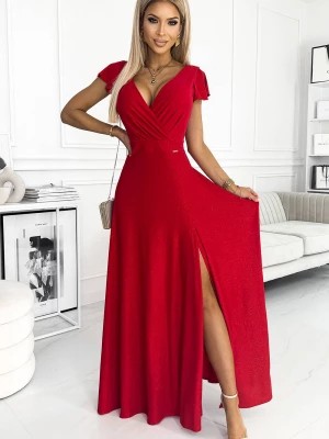 Zdjęcie produktu Pauletta - Połyskująca długa suknia z dekoltem - CZERWONA Merg