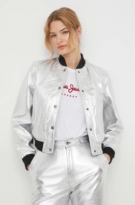 Zdjęcie produktu Pepe Jeans kurtka bomber skórzana damska kolor srebrny przejściowa