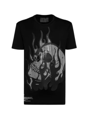 Zdjęcie produktu Philipp Plein, Czarna koszulka z płonącym czaszką i ozdobnymi kryształkami Black, male,