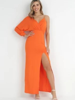 Zdjęcie produktu Pomarańczowa Asymetryczna Sukienka Maxi na Jedno Ramię z Łańcuszkiem Przy Ramieniu Kesilli