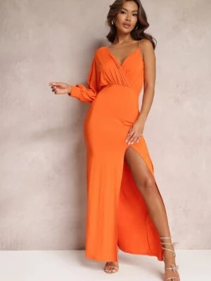 Zdjęcie produktu Pomarańczowa Asymetryczna Sukienka z Gumką w Pasie i Łańcuszkiem Przy Ramieniu Jisse