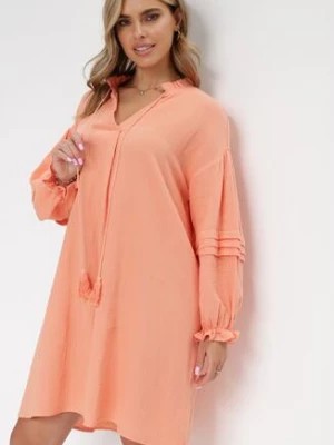 Zdjęcie produktu Pomarańczowa Bawełniana Sukienka Mini z Ozdobnym Wiązaniem i Przeszyciami na Rękawach Anla