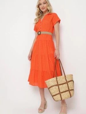 Zdjęcie produktu Pomarańczowa Bawełniana Sukienka o Ażurowym Wykończeniu z Krótkim Rękawem Zapinana na Guziki Kataria