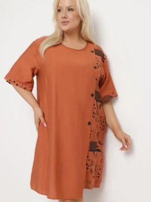 Zdjęcie produktu Pomarańczowa Bawełniana Sukienka o Pudełkowym Kroju z Wsuwanymi Kieszeniami Ozdobiona Guzikami Walliana