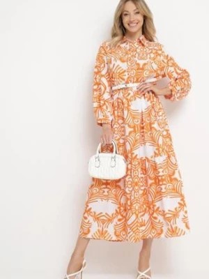 Zdjęcie produktu Pomarańczowa Długa Sukienka Rozkloszowana w Ornamentalny Wzór z Falbanką Ariantise