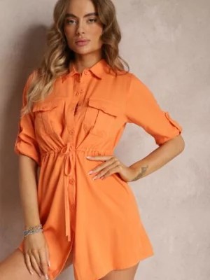 Zdjęcie produktu Pomarańczowa Dłuższa Koszula Ściągana w Pasie z Wiskozy i Kieszeniami Genessa