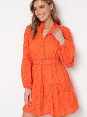 Zdjęcie produktu Pomarańczowa Haftowana Sukienka Mini z Bawełny z Paskiem i Ażurowym Wzorem Aislina