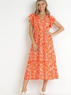 Zdjęcie produktu Pomarańczowa Kopertowa Sukienka Maxi z Falbanką i Gumką w Pasie Ahni