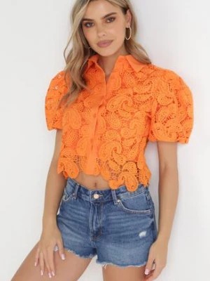 Zdjęcie produktu Pomarańczowa Koronkowa Koszula z Krótkim Rękawem Chentha