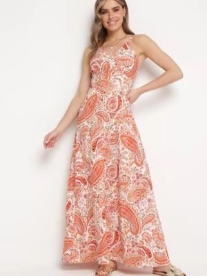 Zdjęcie produktu Pomarańczowa Letnia Sukienka we Wzór Paisley z Regulowanymi Ramiączkami i Sznurkiem w Talii Viafina