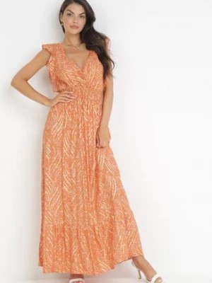 Zdjęcie produktu Pomarańczowa Maxi Sukienka Wiskozowa z Gumką w Talii i Metalicznym Nadrukiem Fianre