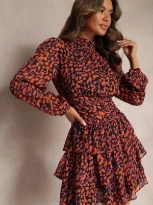 Zdjęcie produktu Pomarańczowa Mini Sukienka o Rozkloszowanym Fasonie Ozdobiona Brokatem Giannes
