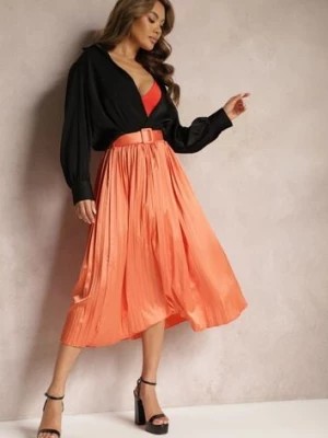 Zdjęcie produktu Pomarańczowa Plisowana Spódnica Rozkloszowana z Paskiem z Satyny i Klamerką Abellema