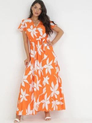 Zdjęcie produktu Pomarańczowa Plisowana Sukienka Maxi z Gumką w Pasie z Wiskozy w Kwiaty Rossemari
