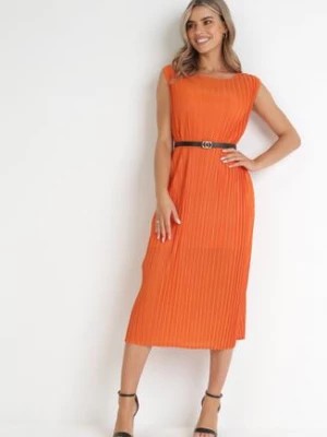 Zdjęcie produktu Pomarańczowa Plisowana Sukienka Midi z Paskiem z Imitacji Skóry Sharia