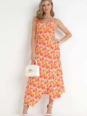 Zdjęcie produktu Pomarańczowa Rozkloszowana Sukienka Maxi na Cienkich Ramiączkach z Głębokim Dekoltem z Wiskozy Ihra