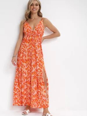 Zdjęcie produktu Pomarańczowa Rozkloszowana Sukienka Maxi na Ramiączkach z Głębokim Dekoltem Danila
