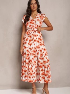 Zdjęcie produktu Pomarańczowa Rozkloszowana Sukienka Maxi w Kwiatowy Print z Gumką w Pasie Javiky