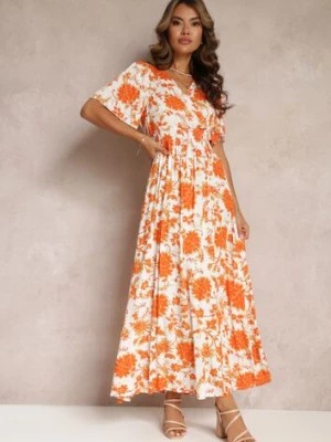 Zdjęcie produktu Pomarańczowa Rozkloszowana Sukienka Maxi w Kwiaty z Wiskozy Manishie