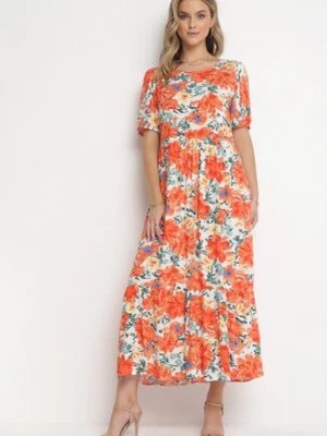 Zdjęcie produktu Pomarańczowa Rozkloszowana Sukienka z Wiskozy w Kwiaty Ameera