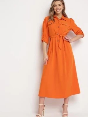 Zdjęcie produktu Pomarańczowa Rozkloszowana Sukienka Maxi z Koszulową Górą i Wiązanym Paskiem Indiga