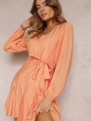 Zdjęcie produktu Pomarańczowa Rozkloszowana Sukienka Mini z Wiązaniem w Talii Evyna
