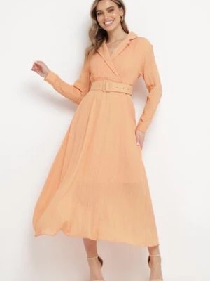 Zdjęcie produktu Pomarańczowa Rozkloszowana Sukienka z Kopertowym Dekoltem i Paskiem w Talii Askadi