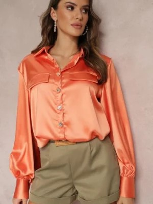 Zdjęcie produktu Pomarańczowa Satynowa Koszula z Guzikami i Klapami Franceska