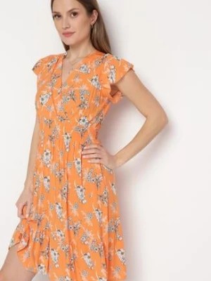 Zdjęcie produktu Pomarańczowa Sukienka Bawełniana z Kopertowym Dekoltem w Kwiatki Akariela