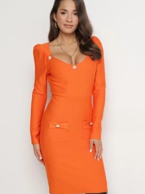 Zdjęcie produktu Pomarańczowa Sukienka Dopasowana z Perłami i Długim Rękawem Juhisa