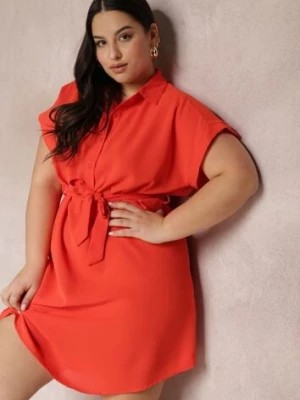 Zdjęcie produktu Pomarańczowa Sukienka Koszulowa Wiązana w Pasie z Krótkimi Rękawami Wellwood