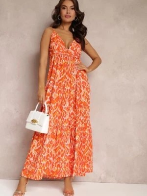 Zdjęcie produktu Pomarańczowa Sukienka Maxi na Regulowanych Ramiączkach z Abstrakcyjnym Wzorem Jerela