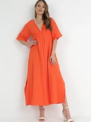 Zdjęcie produktu Pomarańczowa Sukienka Maxi z Gumką w Pasie i Wiązaniem na Karku Titaphine