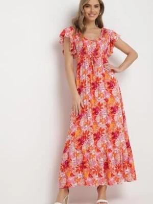Zdjęcie produktu Pomarańczowa Sukienka Maxi z Kwiatowym Wzorem i Gumką w Talii Oleccte