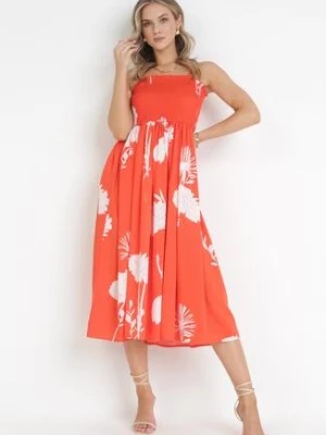 Zdjęcie produktu Pomarańczowa Sukienka Midi na Ramiączkach w Kwiaty Godeberta