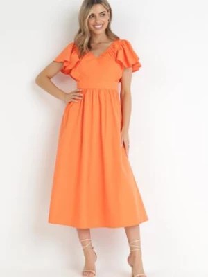 Zdjęcie produktu Pomarańczowa Sukienka Midi z Falbanami przy Ramionach Happisa
