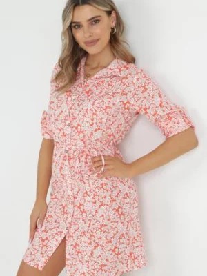 Zdjęcie produktu Pomarańczowa Sukienka Mini Koszulowa w Kwiaty z Wiskozy Obenne